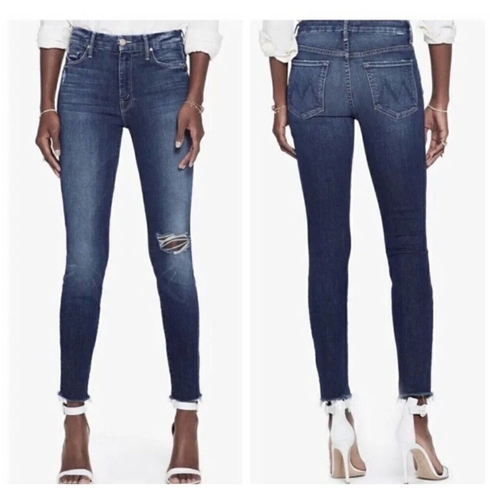 Mother High Waisted Looker Ankle Fray Jeans Cat Attack 24 Distressed Knee